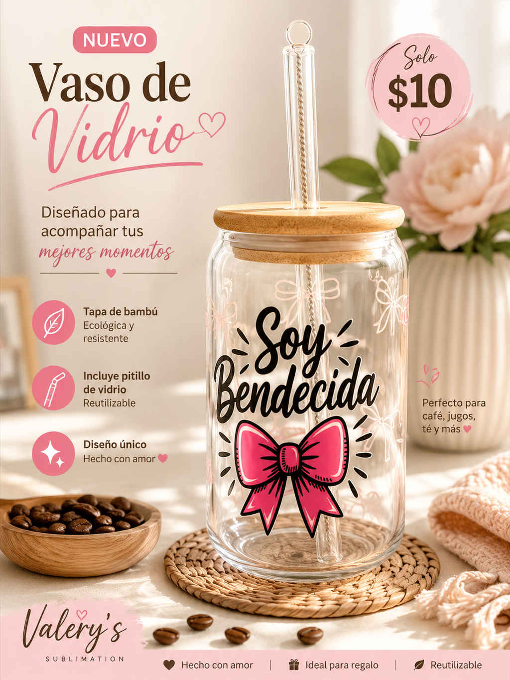🎀 Vaso de vidrio “Soy Bendecida”