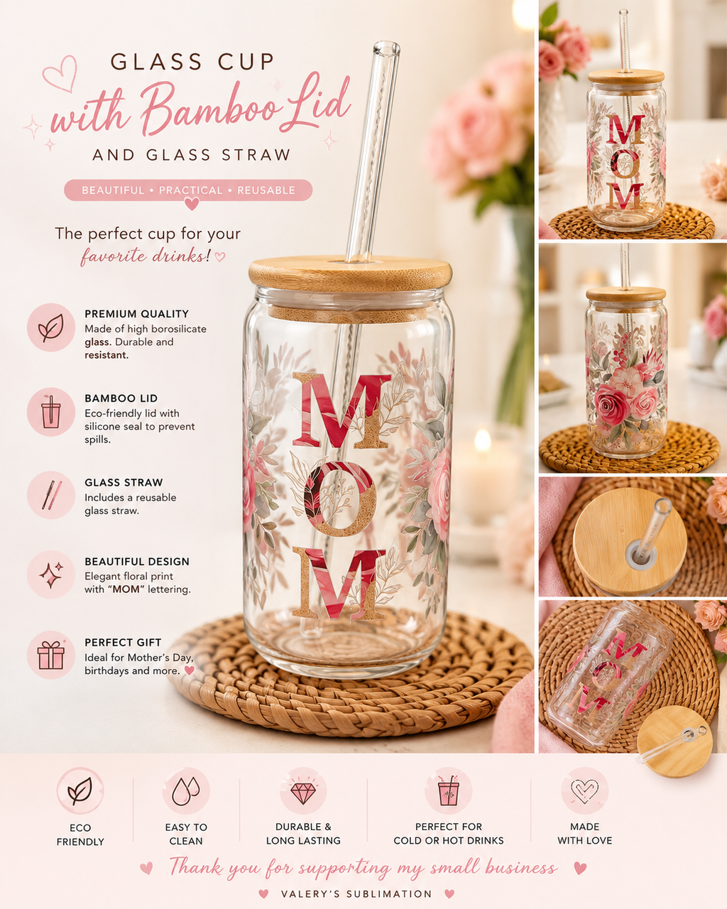 MOM Floral Glass Cup with Bamboo Lid & Glass Straw | Gift for Mom 🌸💕🎁