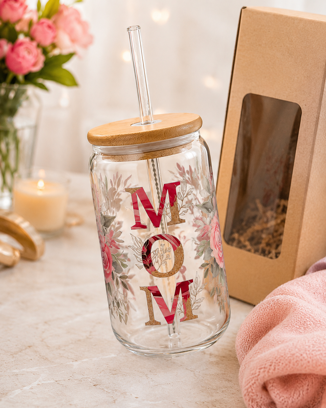 MOM Floral Glass Cup with Bamboo Lid & Glass Straw | Gift for Mom 🌸💕🎁