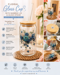 Floral Cup, Glass Can, Blue Roses, Gift for Her, Iced Coffee Cup, Floral Tumbler, Cute Cup, Bamboo Lid Cup, Handmade Gift, Valery’s Sublimation.