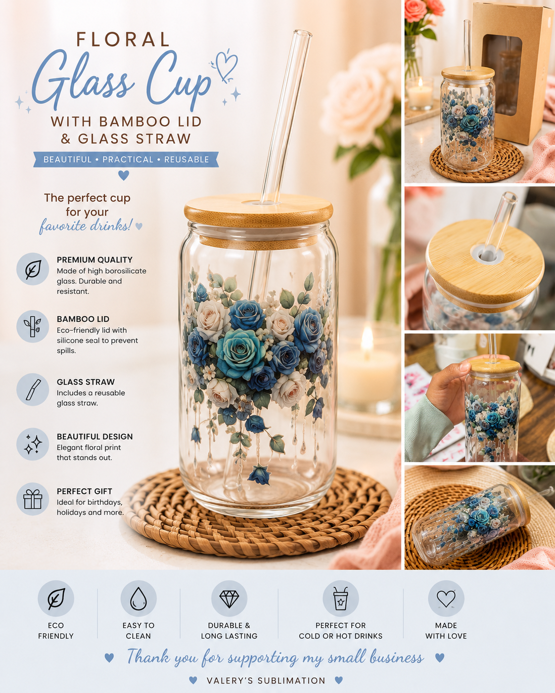 Floral Cup, Glass Can, Blue Roses, Gift for Her, Iced Coffee Cup, Floral Tumbler, Cute Cup, Bamboo Lid Cup, Handmade Gift, Valery’s Sublimation.