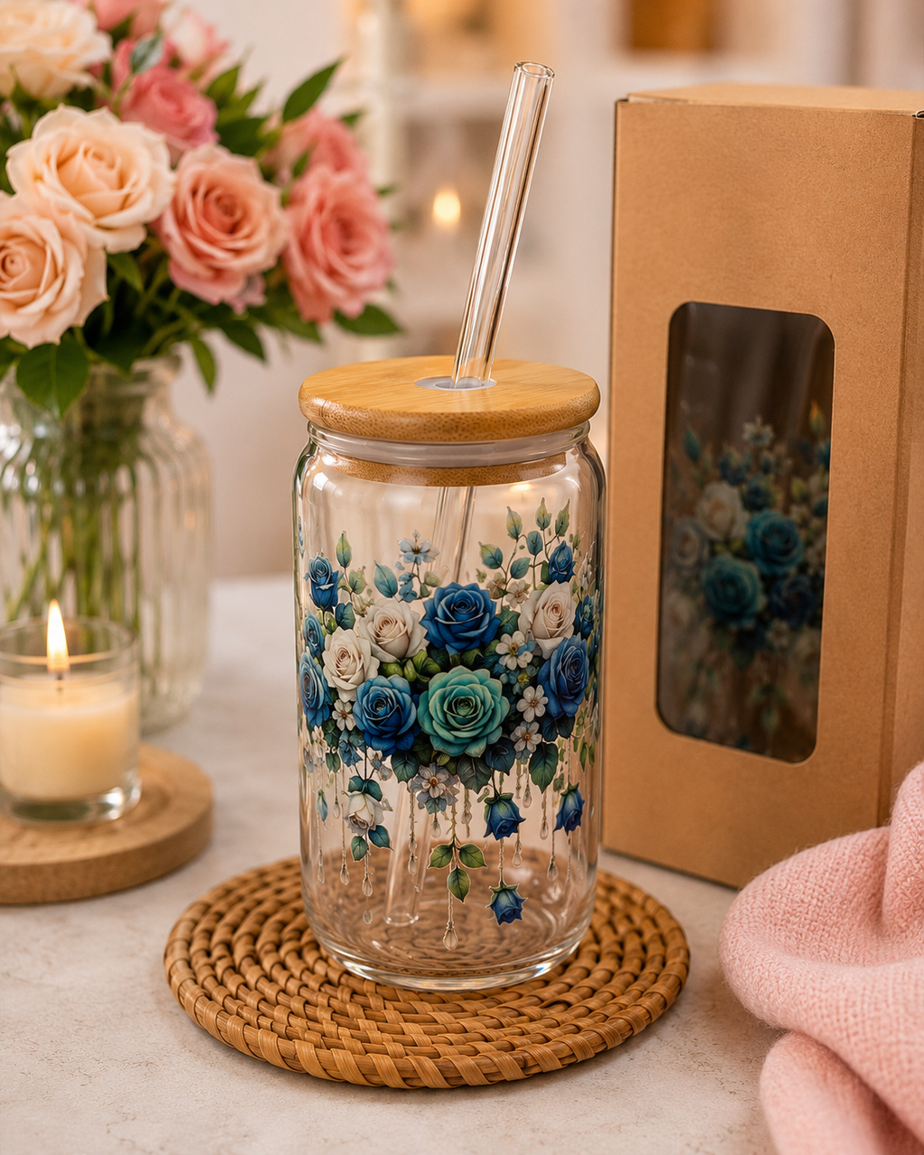 Floral Cup, Glass Can, Blue Roses, Gift for Her, Iced Coffee Cup, Floral Tumbler, Cute Cup, Bamboo Lid Cup, Handmade Gift, Valery’s Sublimation.