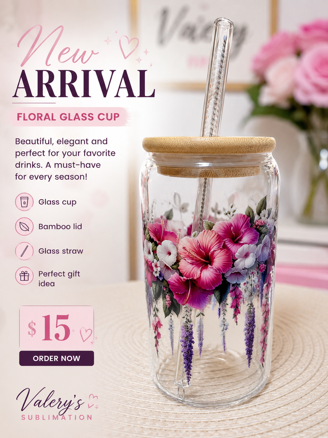 Floral Glass Cup 🌸✨