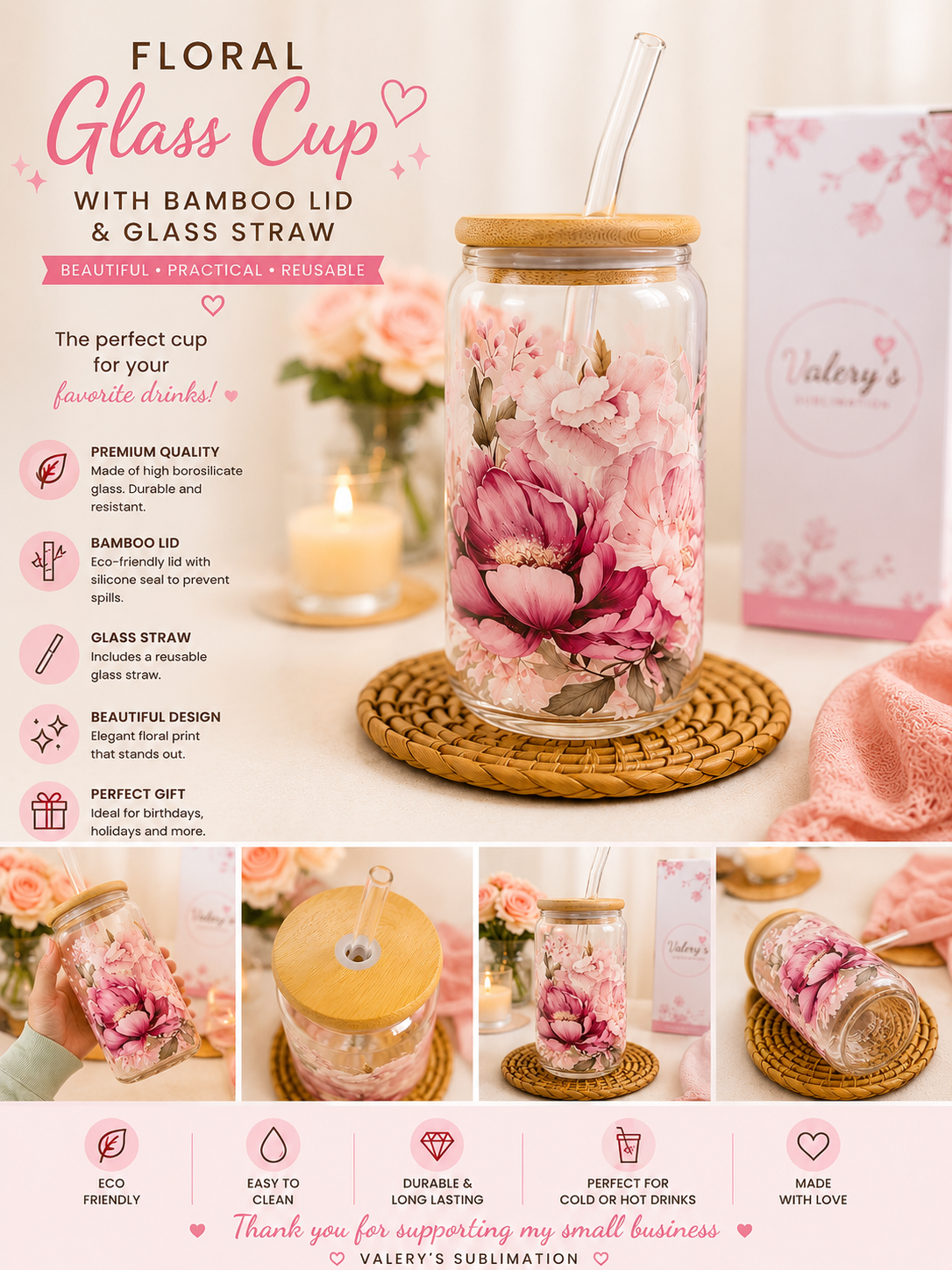 Elegant Floral Glass Cup 🌸🥤
