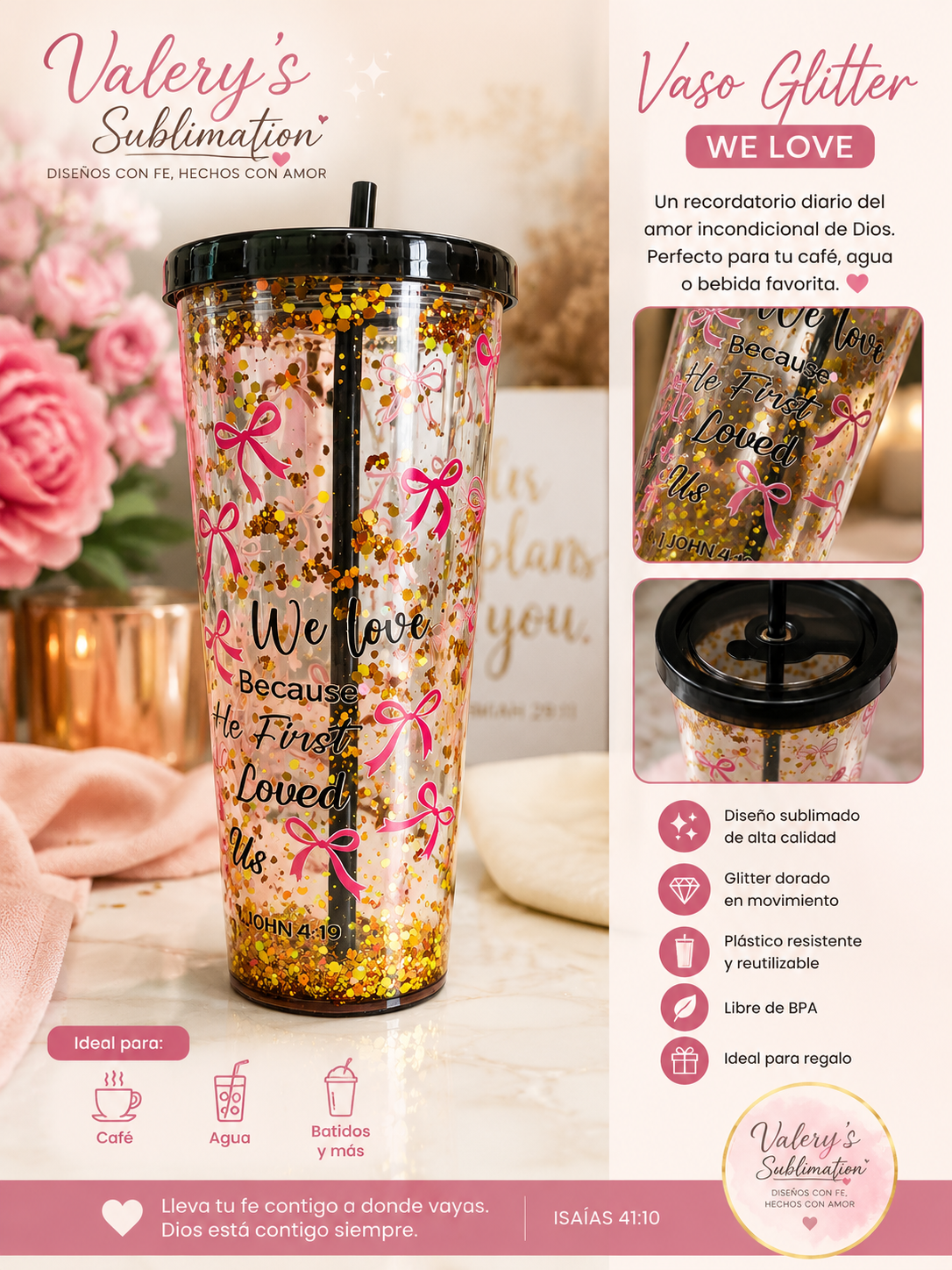 Christian Glitter Tumbler | 1 John 4:19 | Faith-Inspired Gift